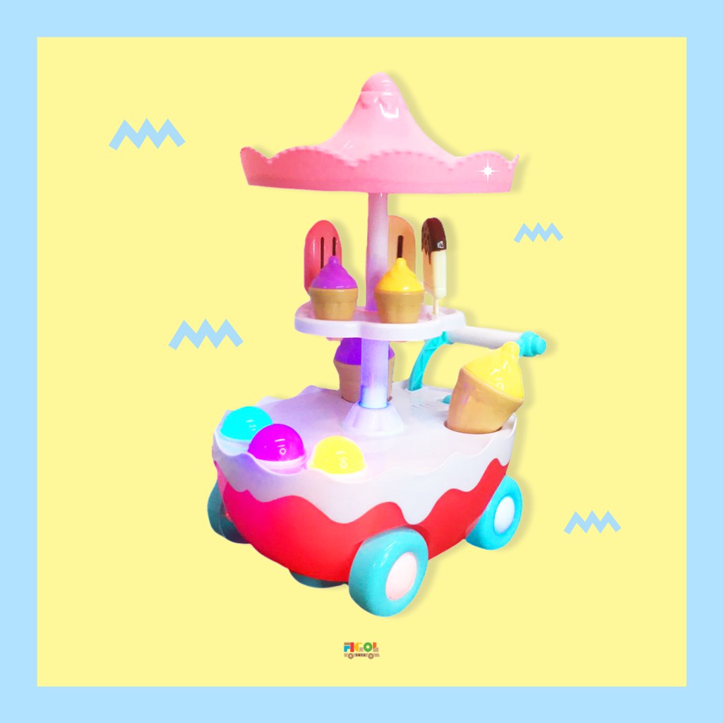 Mainan Anak Perempuan Dorongan Gerobak Es Krim Musik Lampu Ice Cream Cart Rotate Ice
