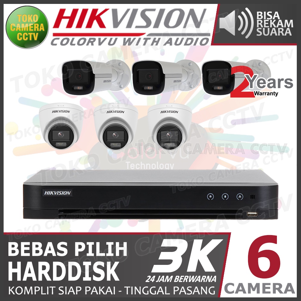 PAKET CCTV HIKVISION 5MP 3K COLORVU AUDIO 8 CHANNEL 6 KAMERA