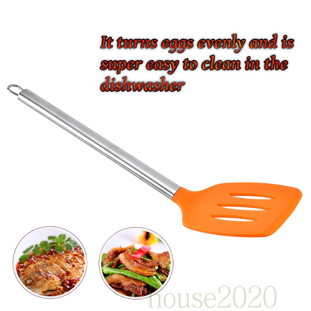 (House2020) Spatula Slotted Turner Bahan Silikon Flexible Warna Oranye