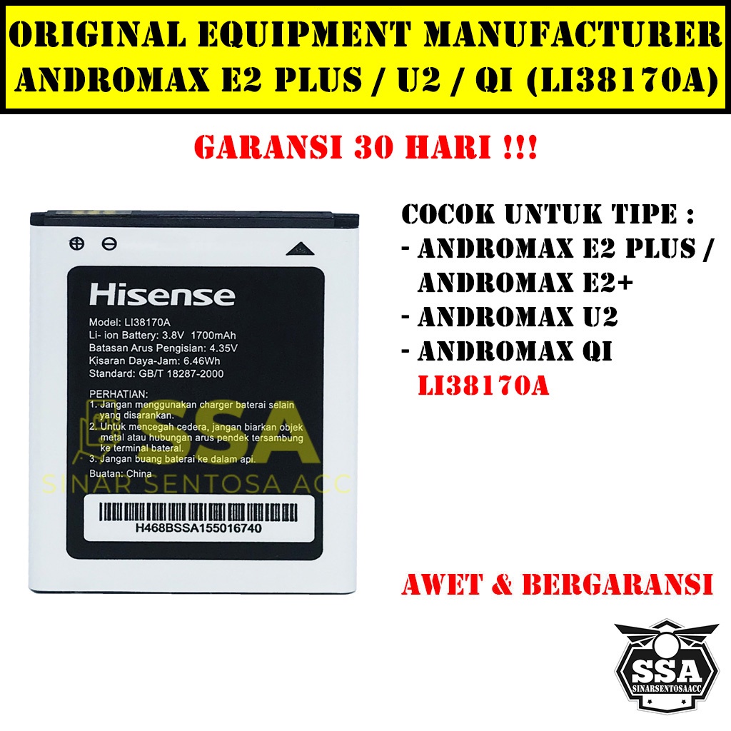 Baterai Original Smartfren Andromax E2+ E2 Plus Qi U2 LI38170A LI38190 B16C2G LI37150A OEM Batre Batrai Batrei Battery Ori HP Batu Batere Garansi Murah Awet