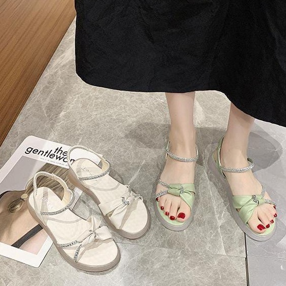 TBIG [COD] Sandal Flat Tali Wanita QUENBI Import Korea Style Santai Wanita Remaja