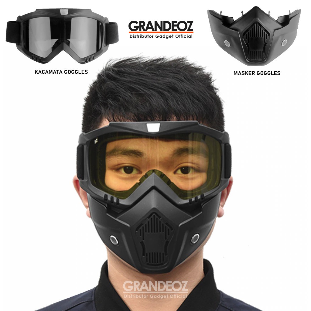 Goggles Kacamata + Masker Full Face Helem Google Mask Helm Gun Ski Motor Cross Topeng Kaca Mata Trail Air soft Motocross Pet Bogo