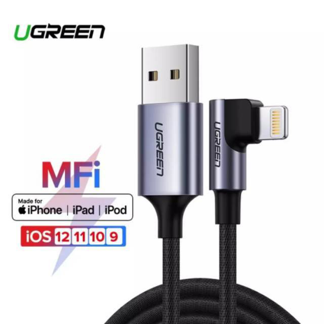 Ugreen Kabel Lightning Mfi for Iphone type Elbow Nylon Braided Support iPhone 14 13 11 6 7 Plus 8 11Pro X SE 2020 Original