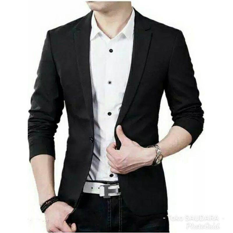 blazer formal hitam pria lengan panjang