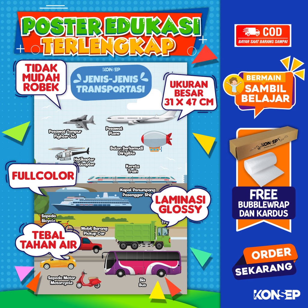 Konsep Poster Edukasi Pendidikan Anak Belajar Jenis Jenis Transportasi Paud Balita TK Toodler SD Laminasi Glossy Tahan Air