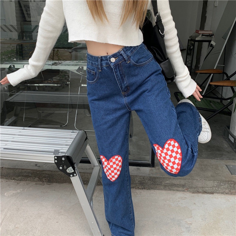 New high waist biru love korean style kulot celana jeans panjang wanita