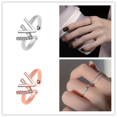 Cincin Model Terbuka Desain Huruf V Ganda Hias Berlian Gaya Koreasimple Adjustable Untuk Wanita