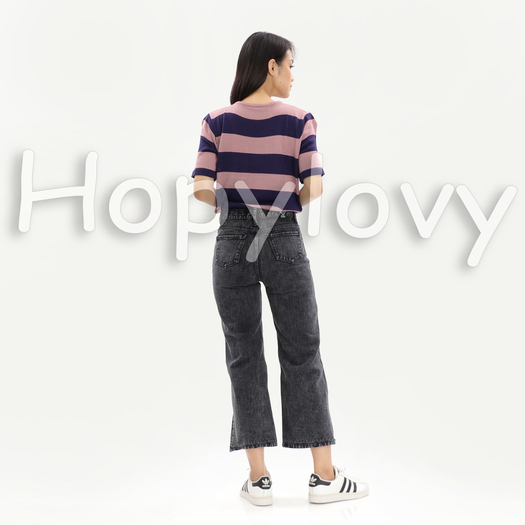 HOPYLOVY Celana Kulot Jeans Boyfriend Jeans Wanita Side Slit Wineta