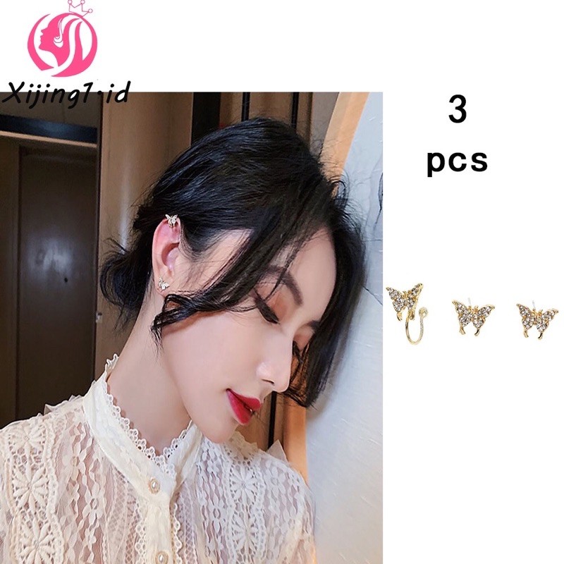 3pcs Anting Wanita Stud dan clip Model Kupu2