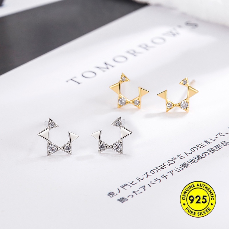 Anting Tusuk Sterling Silver Model Pentagram Terbuka Aksen Berlian Mini Untuk Wanita