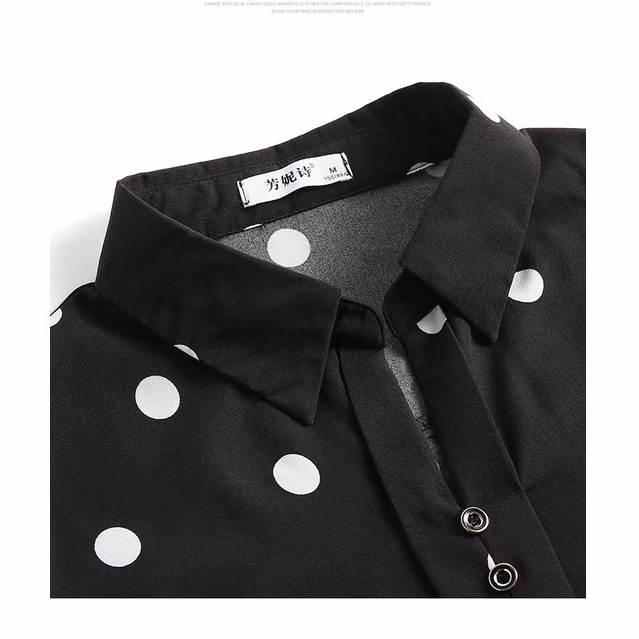 【Ready Stock】L-5XL Kemeja Wanita Sifon Lengan 3/4 Polka Dot Collared Putih Hitam Kasual Longgar Atasan Women Shirt