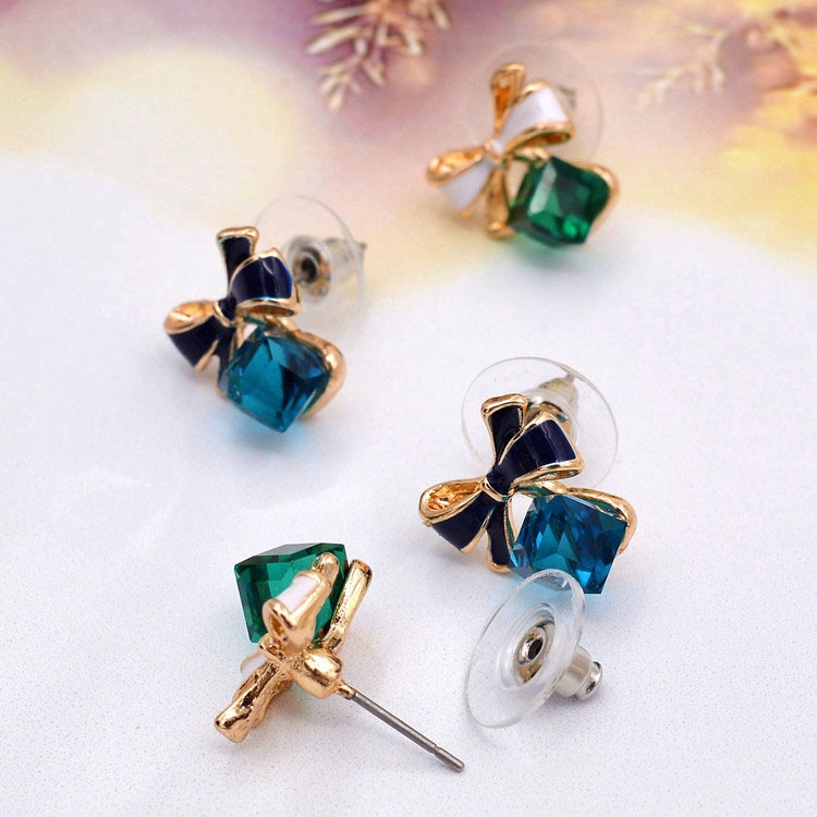 Anting Busur Biru Kristal Sintetis Aksesoris Korea Wanita