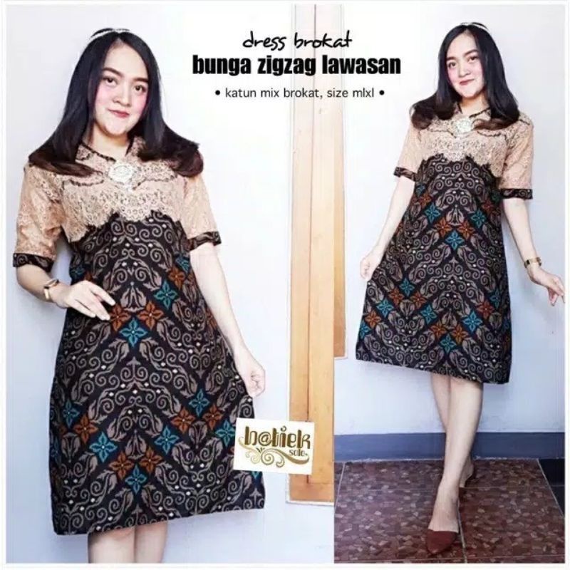 (COD) Dress Brokat Bunga Zigzag Lawasan BestSeller Seragam Batik Kantoran Baju Kondangan dress batik-Dress zizag coksu