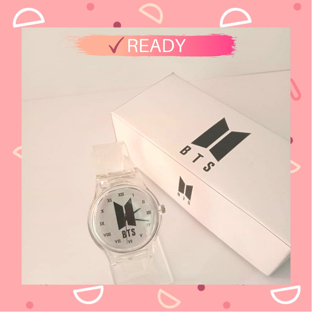Jam tangan Logo BTS White strap Silikon Jelly Transparan Bening murah FREE BOX cocok untuk kado