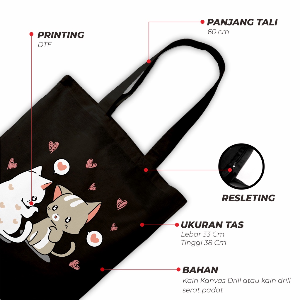 Sevine Totebag Tas Wanita Tote Bag Resleting Cute Cat Black Series Hitam - CSL2