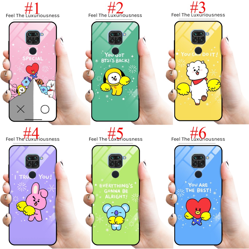 premium case fuze glass motif bts bt21 for xiaomi redmi note 9/note 9 pro/redmi 9/redmi 9c/note 8