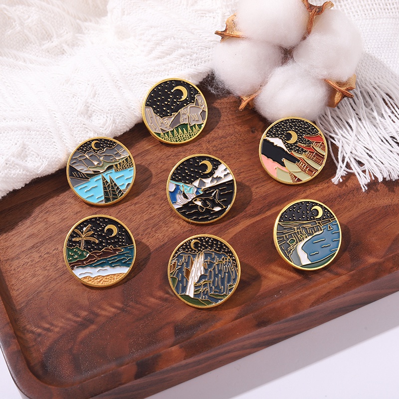 7 Styles Cartoon Starry Sky Moon Lapel Pin Mountains River Enamel Brooch Whale Backpack Badge Collectible Gift