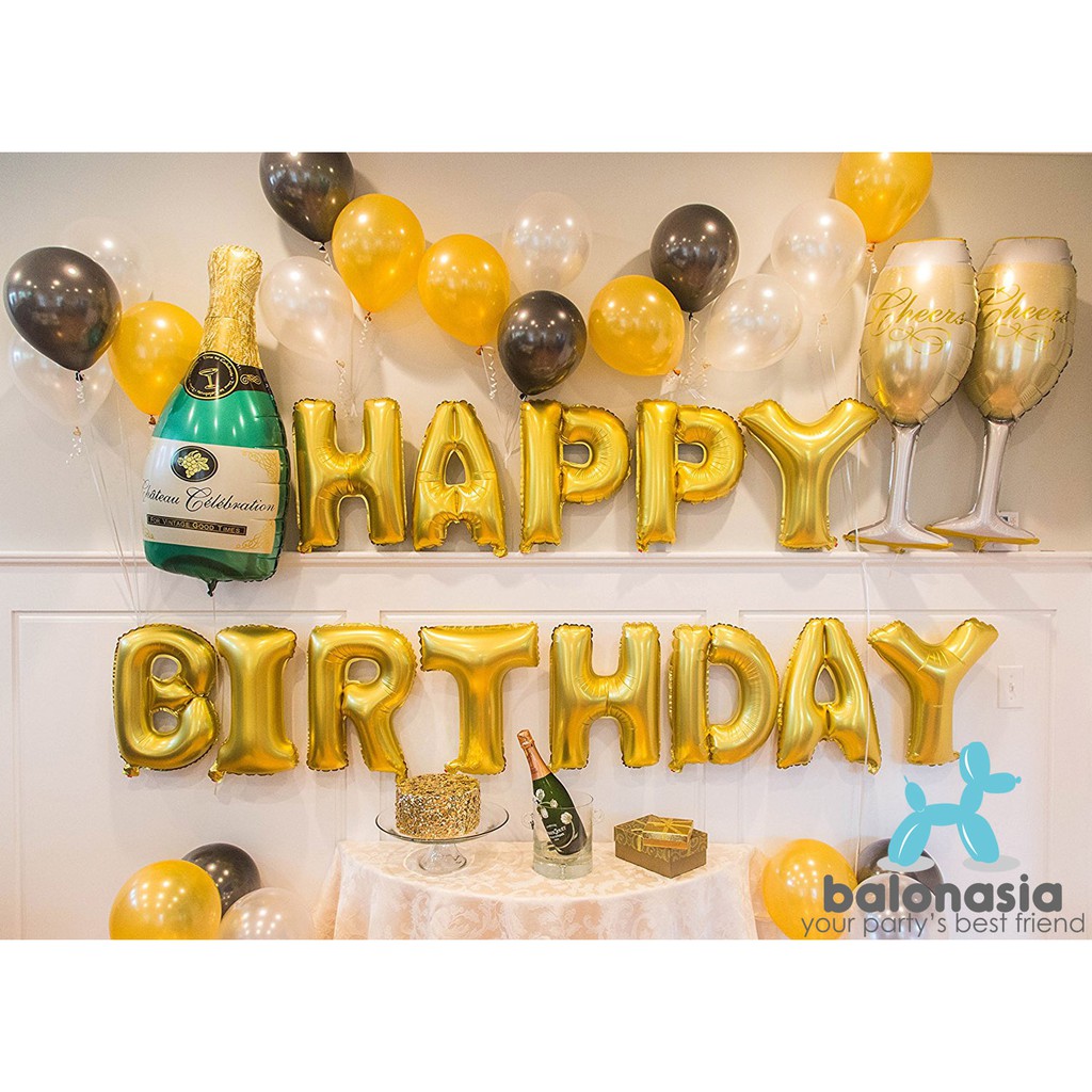 Ballonasia Dekorasi 1SET HAPPY BIRTHDAY GOLD CHAMPAGNE
