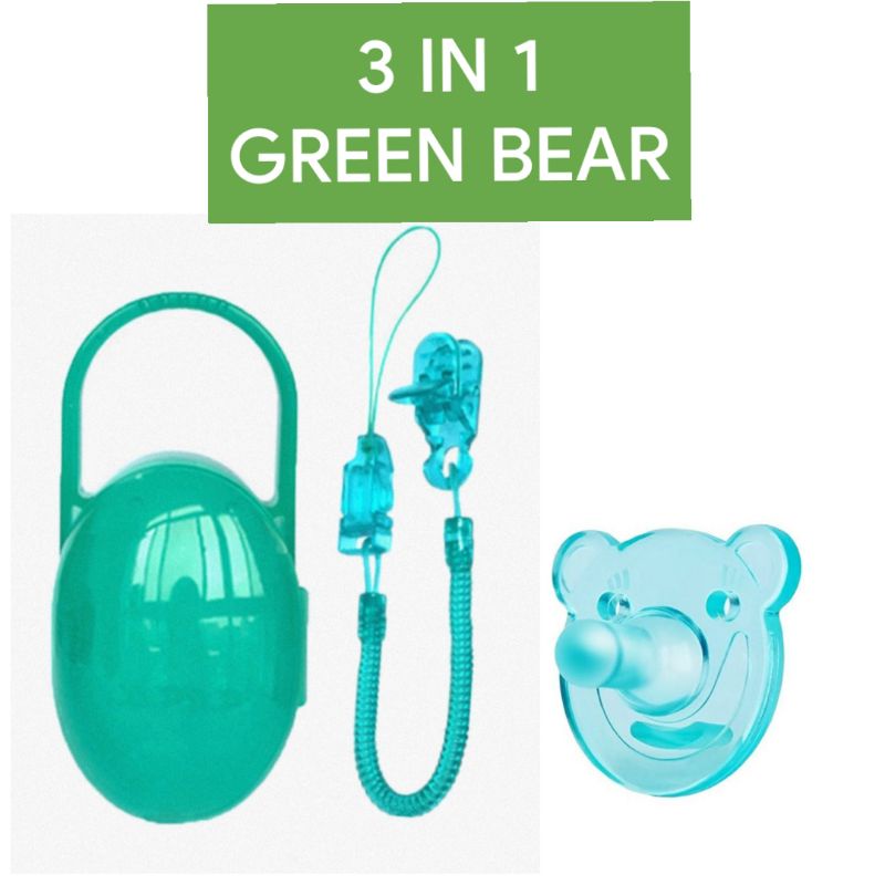 Dot Bayi Empeng Bayi Silikon 3 in 1 set orthodontics bpa free Dot Empeng Bayi Silikon with box and chain-3 IN 1 GREEN BEAR