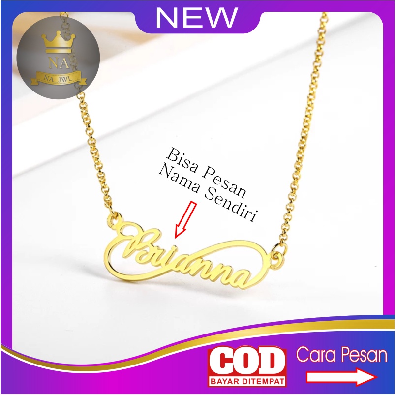 Kalung wanita custom nama huruf sendiri bahan titanium anti karat warna gold dan silver aksesoris fashion necklace kaling emas cewek muda