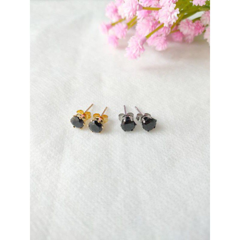 Anting Tusuk Permata Hitam Zircon Import Wanita