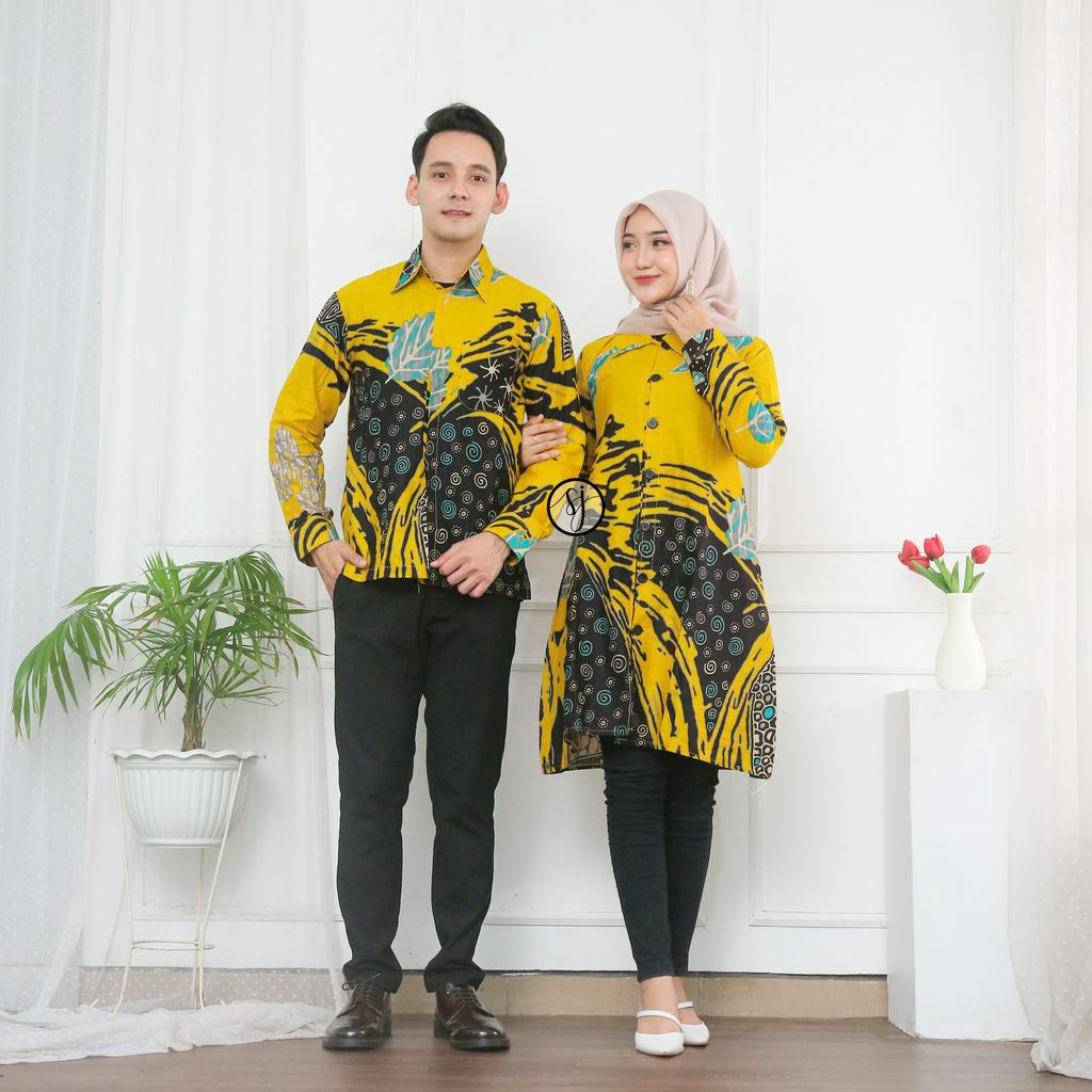 SAROJA | Couple Tunik Keluarga Alisa Kuning | Couple Tunik Batik | Couple Tunik Pasangan | Couple Tunik Ibu Anak Perempuan | Dress Lengan Panjang