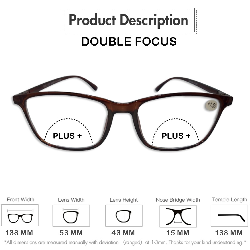 Kacamata Baca Plus 2 Fungsi (Baca dan Jalan) Ukuran +1.00 s/d +3.00 Wanita Pria Model Frame Kotak Coklat Kacamata Rabun Dekat Kacamata Plus Lensa Dobel Baca Reading Glasses Unisex Kacamata Fashion Baca Terbaru