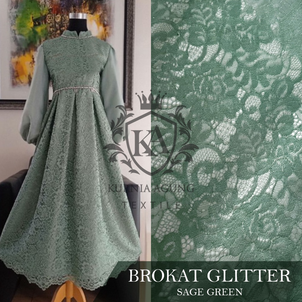 Brukat Meteran Sage Green Premium Mewah Terbaru Kurnia Agung Textile ukuran 50cm x 150cm