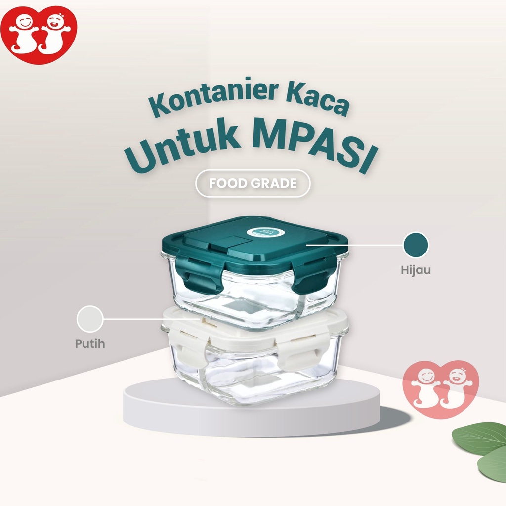 Kontainer Kaca Food Grade 2 sekat ukuran 14.5x14.5 untuk MPASI