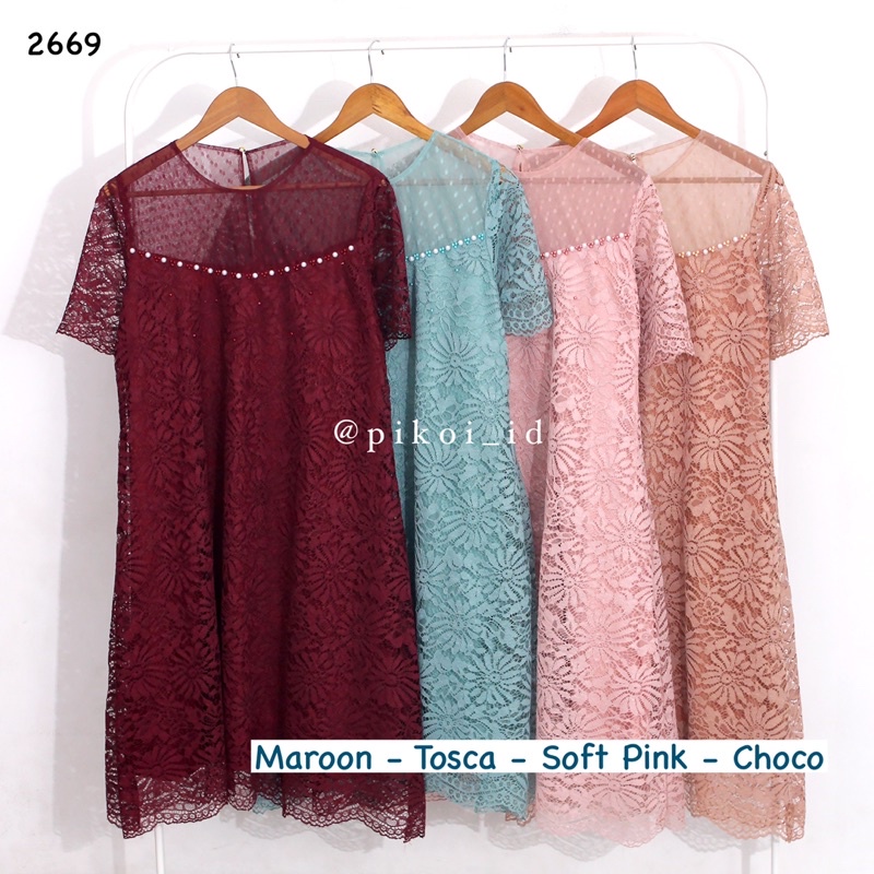 Dress brukat imlek kondangan pesta merah / dress brokat korean style / dress lace bangkok / 2669