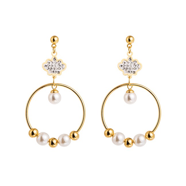 LRC Anting Tusuk Fashion Golden 14k Pearl Stainless Steel Crown Tassel Earrings D59926