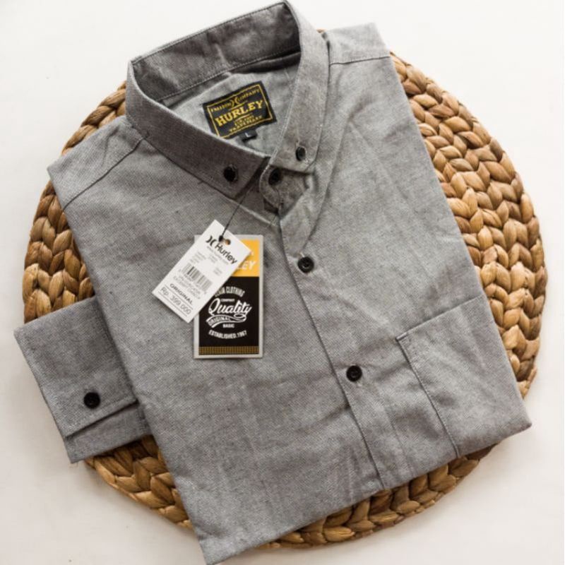 Kemeja polos pria slimfit abu muda lengan panjang hurley original ||