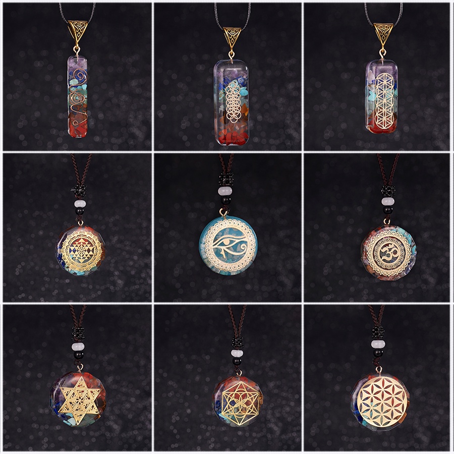 6 Petal Flower Circle Geometric Color Seven Chakra Epoxy Natural Stone Gravel Leather Rope Couple Pendant Necklace Gift Jewelry