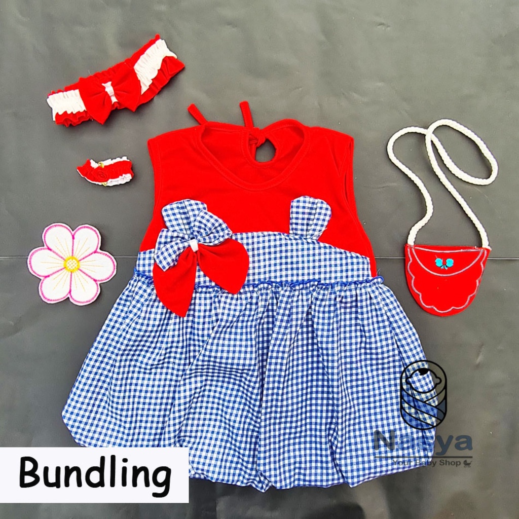 [P-044B] Dress Bayi Anak Lucu Usia 0-6 Bulan Full Set Bandana, Gelang dan Tas