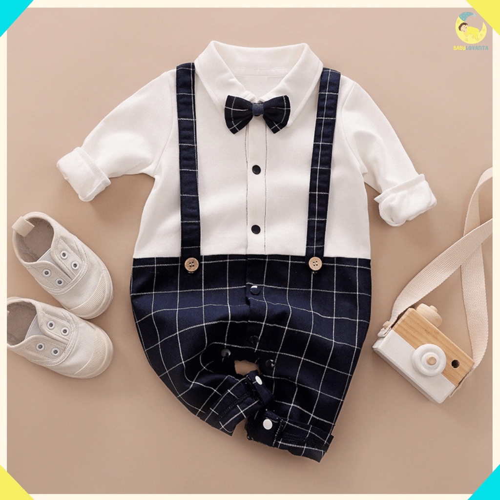 [COD]  jumper import motif tuxedo Navy panjang celana kotak 0-24 bulan premium/Babylovanta