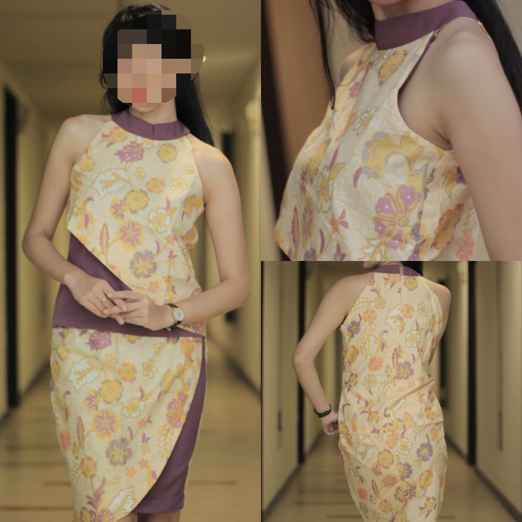 SATU SET ATAS BAWAH BATIK KUNING MOTIF BUNGA PASTEL