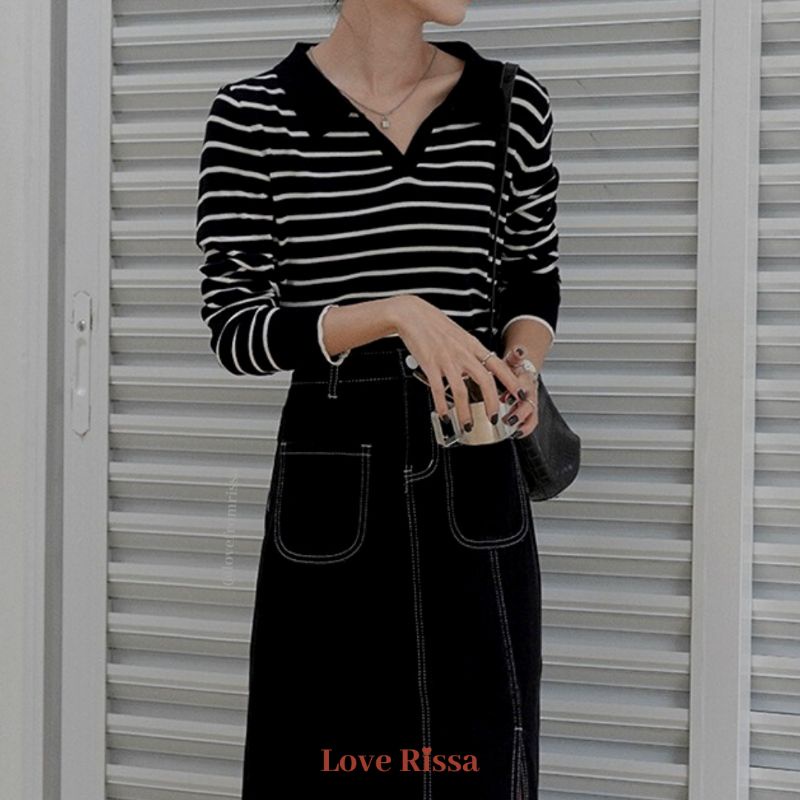 Baju Caroline Garis Baju Korea Lengan Panjang Baju Rajut Knit Lengan Pendek Wanita Love Rissa