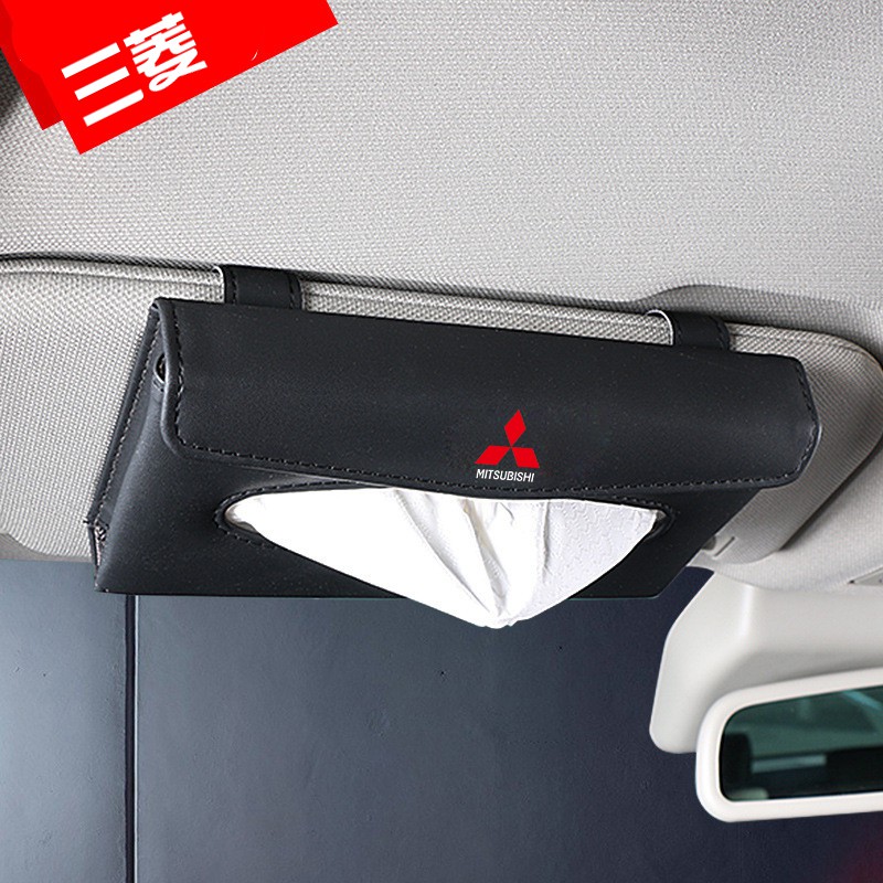 Kualitas tinggi Universal Pelindung Matahari Mobil Tissue Box Holder PU Kulit Kotak Tisu Penutup Case Aksesoris untuk Mitsubishi logo Triton Outlander Mirage ASX Lancer EVO PAJERO GRANDIS GALANT Xpander