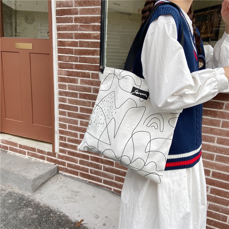TC-93 tas canvas kanvas tote bag wanita line printing import korea jepang high quality