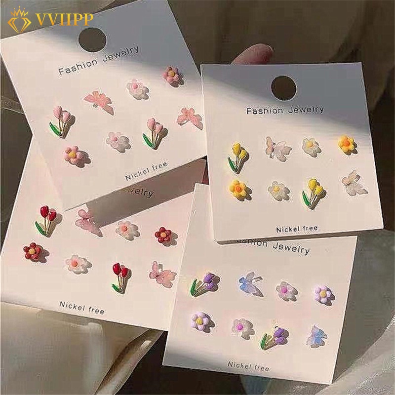 Set Anting Stud Desain Bunga Kupu-Kupu Hati Mutiara Untuk Aksesoris Perhiasan Wanita