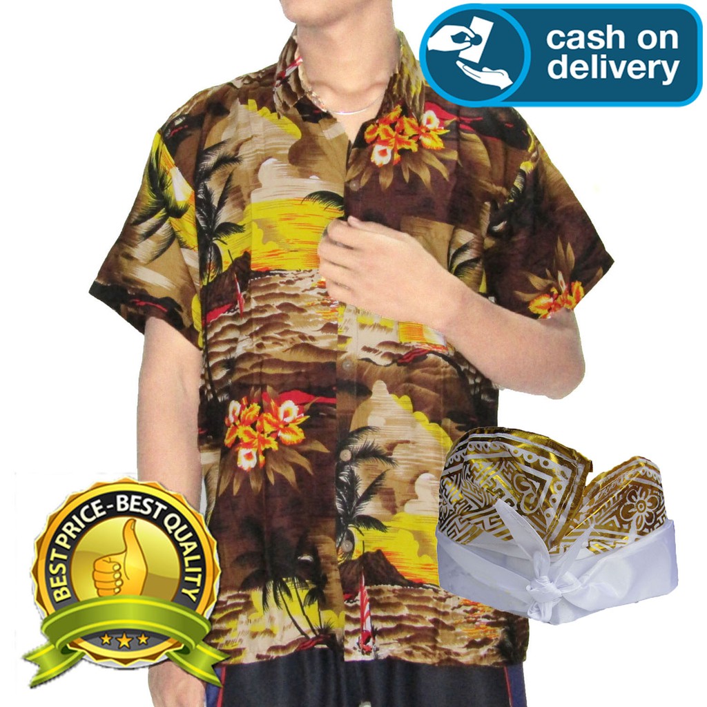 Jnanashop COD kemeja pantai gratis udeng khas bali top XL rayon adem(XL coklat putih)