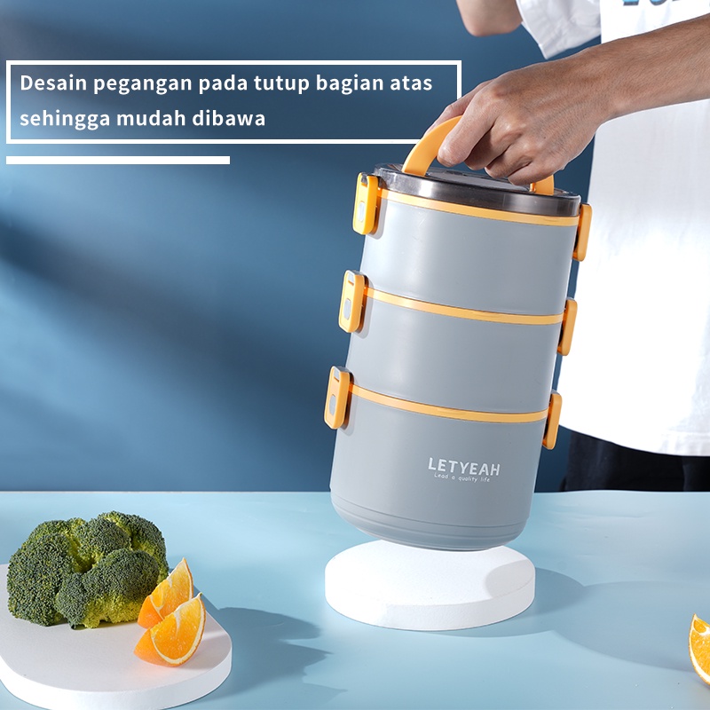 Letyeah &amp; Anantagt kotak makan bulat plastik 3 susun 2200ml portable/lunch box set anti tumpah tetap hangat Free sendok