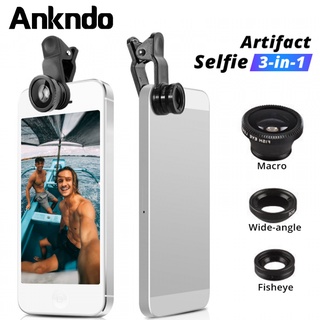 Ankndo 3in1 Lensa Kamera Fisheye / Wide Angle / Macro / Zoom Dengan Klip on Untuk Smartphone