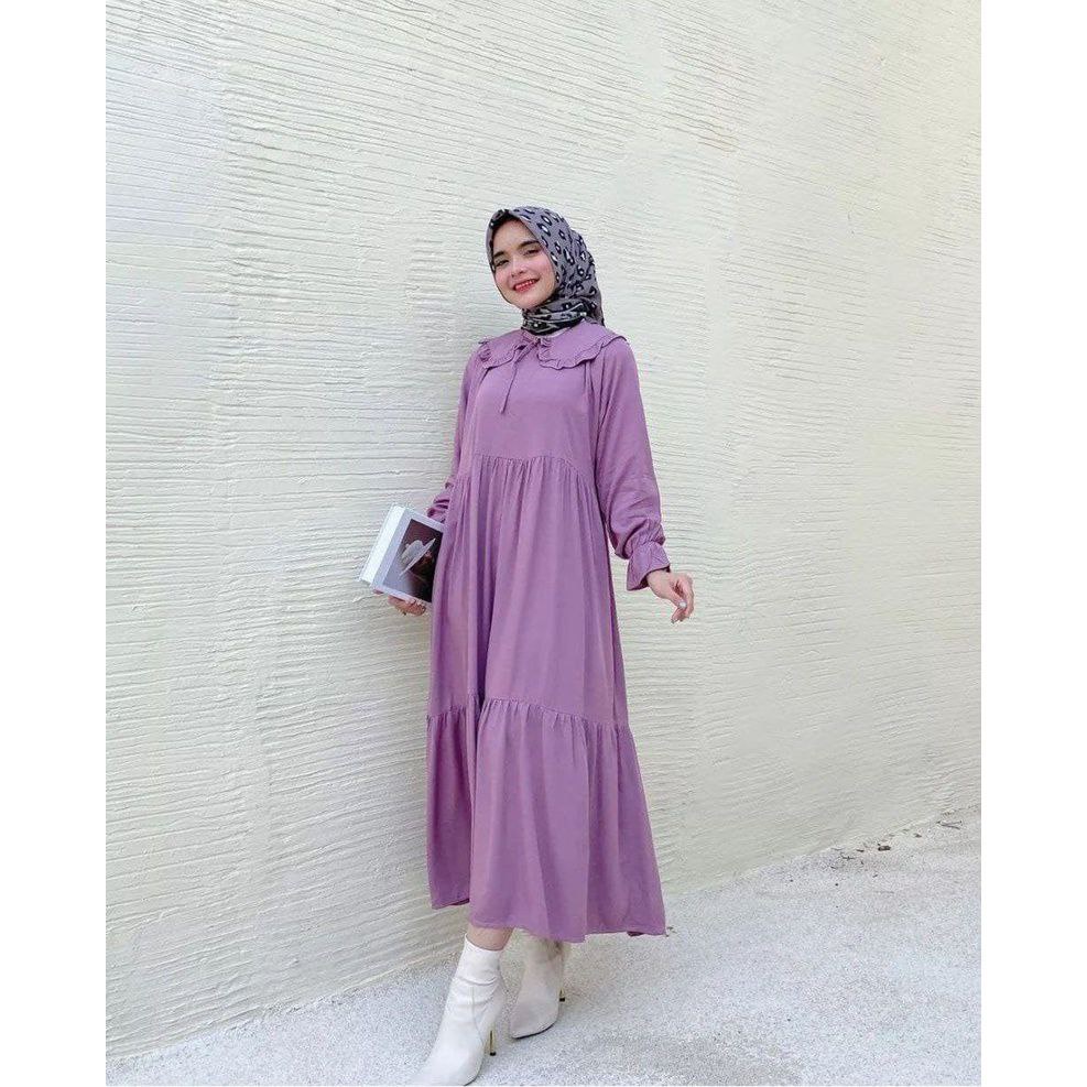 Nada Midi Dress Wanita Rayon Premium Baju Wanita Lengan Panjang Karet  Kerah Peterpan Tali Fashion Muslim Kekinian LD 110 cm