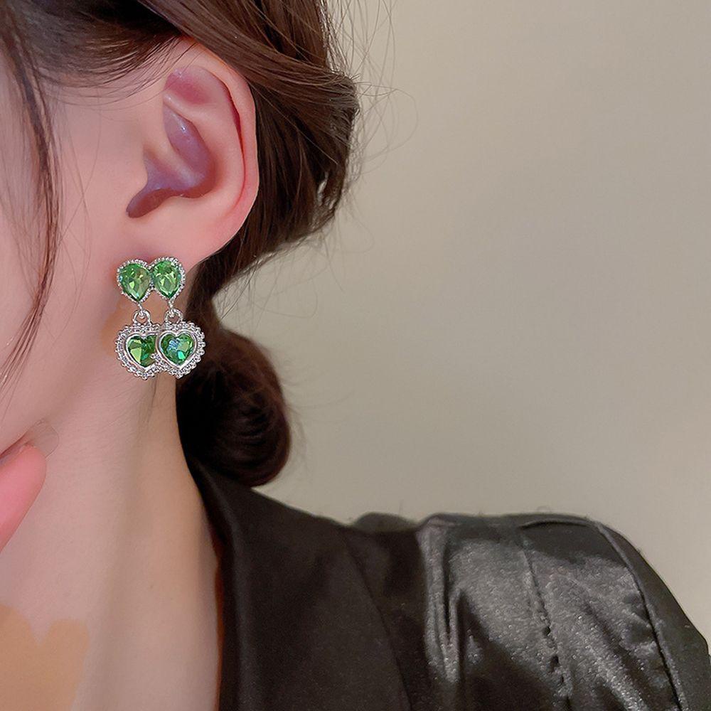 Needway Wanita Drop Earrings Pesta Ins Tetesan Air Double Hati Berlian Imitasi Temperamen Menjuntai Anting