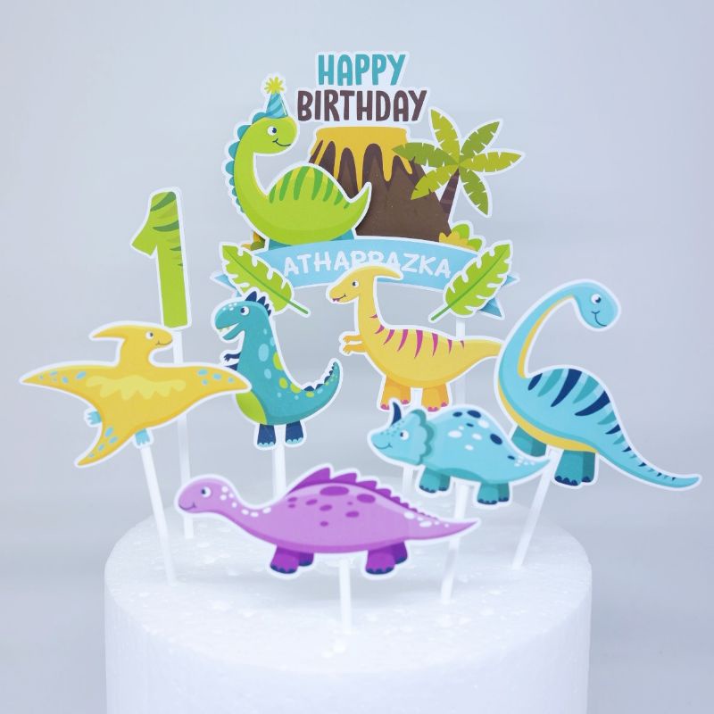 Cake Topper 3D Custom Nama Karakter Dinosaurus Dino - Alat Dekorasi Kue Ulang Tahun - Satu Set Toppe