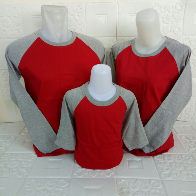 Kaos polos reglan MERAH-ABUMISTY lengan panjang dewasa uk M L XL XXL pria dan wanita