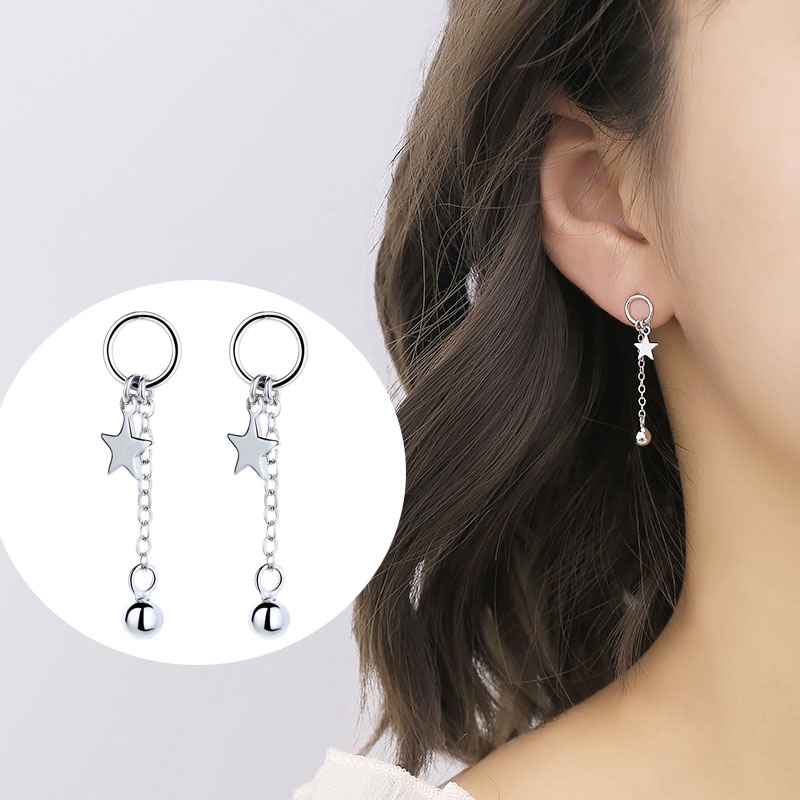 Anting Stud Rantai Menjuntai Bentuk Bintang Warna Silver Untuk Wanita