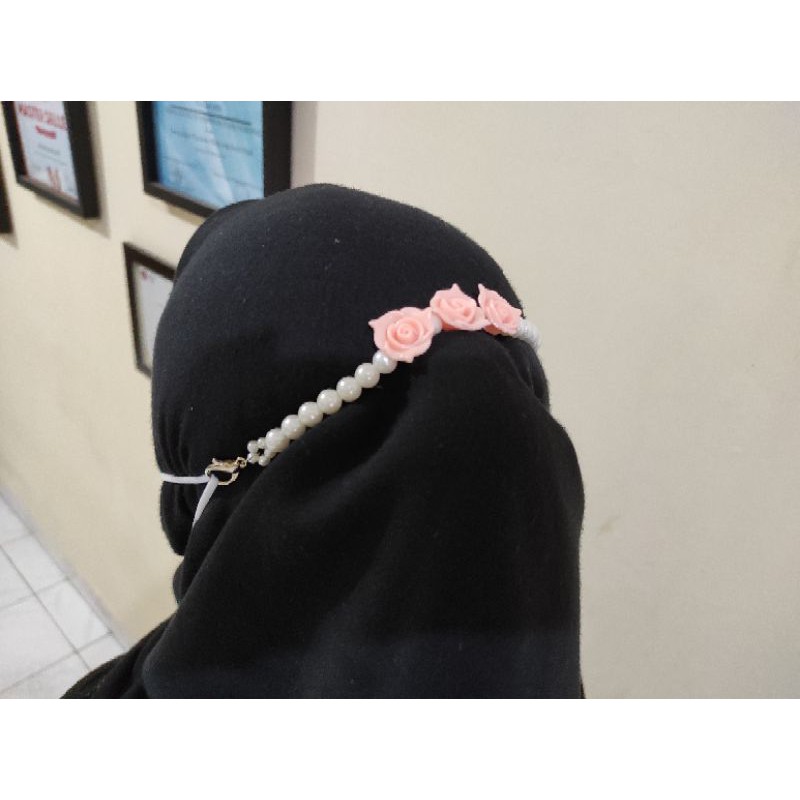 Konektor Masker Hijab Pastel Rose Flower Pearl Connector Mask Strap Extender Bunga Mutiara Korea