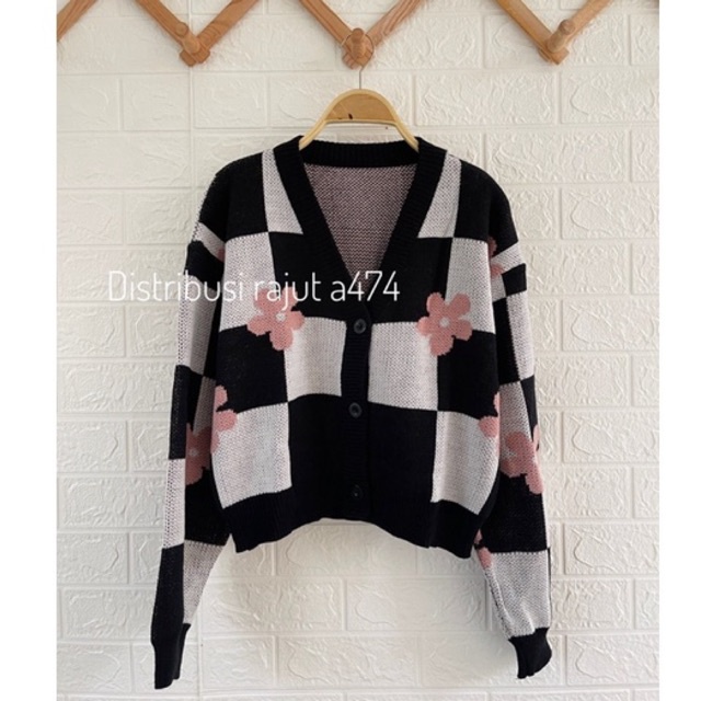 ATASAN RIRIN  CARDIGAN RAJUT CROP KOTAK MOTIF BUNGA PREMIUM